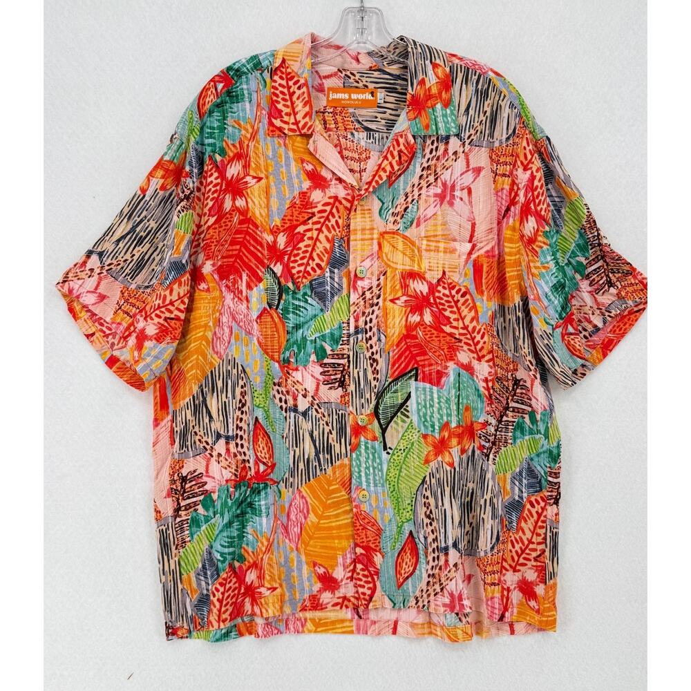 Vintage Jams World Ka'u Mens Multicolor Abstract Floral Aloha Shirt Sz L